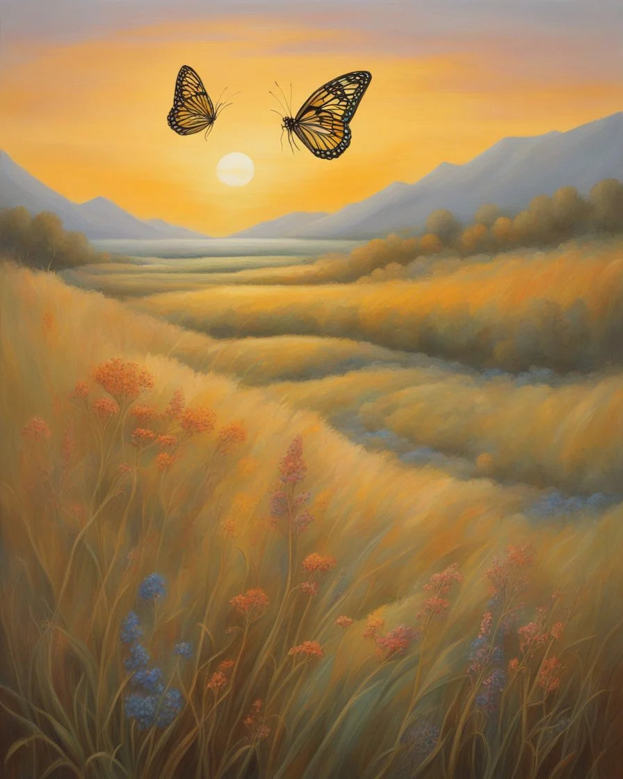 A stunning conceptual painting that captures the essence of nature's beauty within the delicate veins of a butterfly wing. The wing showcases a vivid landscape of a serene meadow bathed in the golden light of dawn. The swaying tall grasses and vibrant wildflowers create a sense of peace and tranquility, while the distant misty mountain range adds depth to the scene. The contrast between the intricate patterns of the wing and the soft, natural elements of the landscape creates an enchanting and s