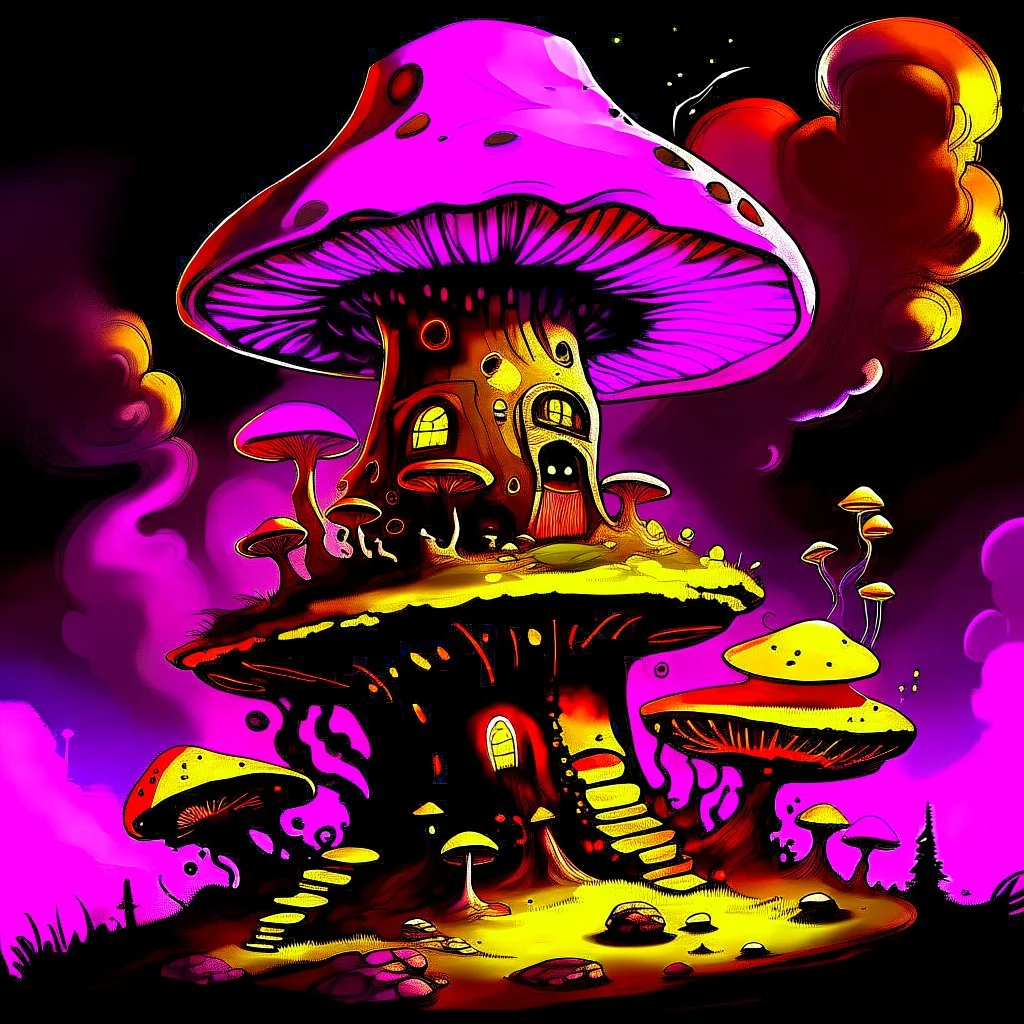 A fantabulous black, yellow, and magenta (((mushroom tower house))) erected atop a (geologic pillar), surrounded by the uncanny imaginative ((( swirling skies))), offset by the stark hues of a (neon-tinged nebulous space scape), within. captured by the hand a skilled master painter with a focus on (softly blurred compositions and voluminous lighting).