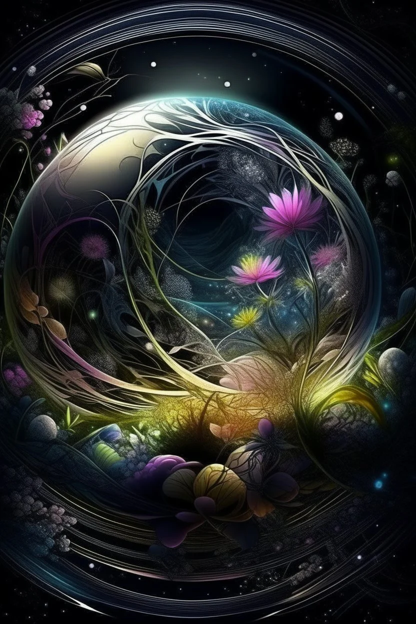 magic Beautiful floral dance, epic, fabulous landscape, 3d, horror, surrealism, careful drawing of details, transparent watercolor, clear contour, heart inside a sphere, stardust, threads, professional photo, incredible landscape, dark botanical, dark fantasy, silver, black, gold, blue, white, light green, pink, lilac, neon, detailed, fibers, engraving, color illustration, star map, comet, moon, fantastic flowers