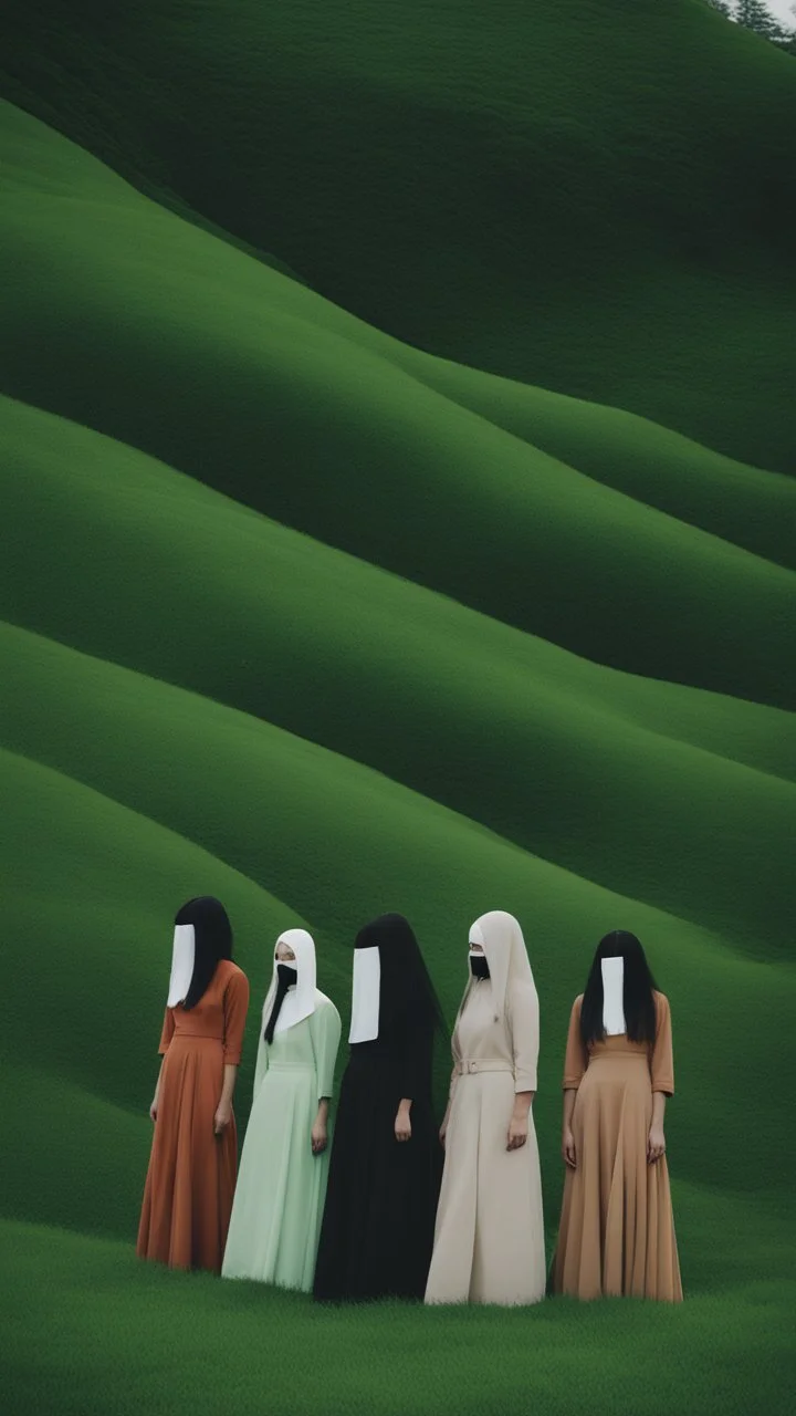 a group of no face women with mask standing on top of a lush green hillside, inspired by Ren Hang, design milk, long black hair, whites, wanderers traveling from afar, trending on artisation, cloning spell, coat pleats, in twin peaks, submarine, by Helen Thomas Dranga, symetry, round-cropped, noire photo