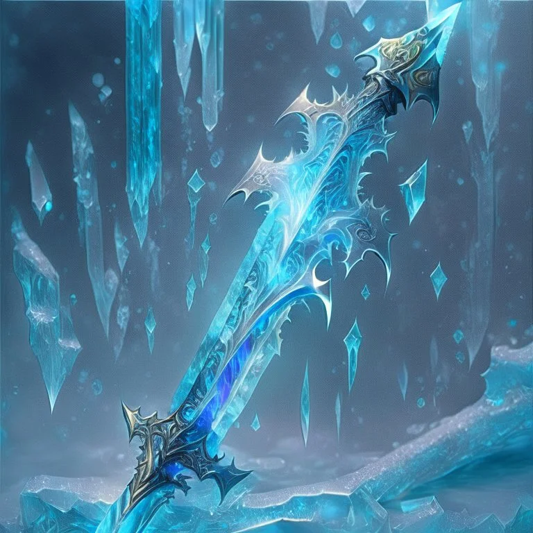 A fantasy sword that is a slender, translucent blade made of ice, shimmering with an ethereal blue glow. Its hilt is crafted from swirling vines, leading to a vibrant crystal at the pommel.