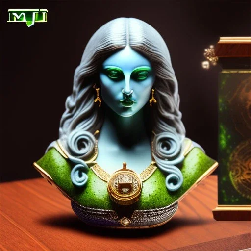 auction hammer, green olivine stone figurine, bust of luna aurora divine, ancient, magic,on dark wooden table with drinking glass,compass, hairy hand