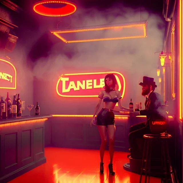 Ultra realistic tarantino bar, party, people background. Danger sweet woman, waist up view. Steampunk style, epic, yellow smoke fog, hottest, highly detailed, concept art, unreal engine 5, god rays, ray tracing, RTX, lumen lighting, ultra detail, volumetric lighting, 3d, finely drawn, high definition, high resolution.