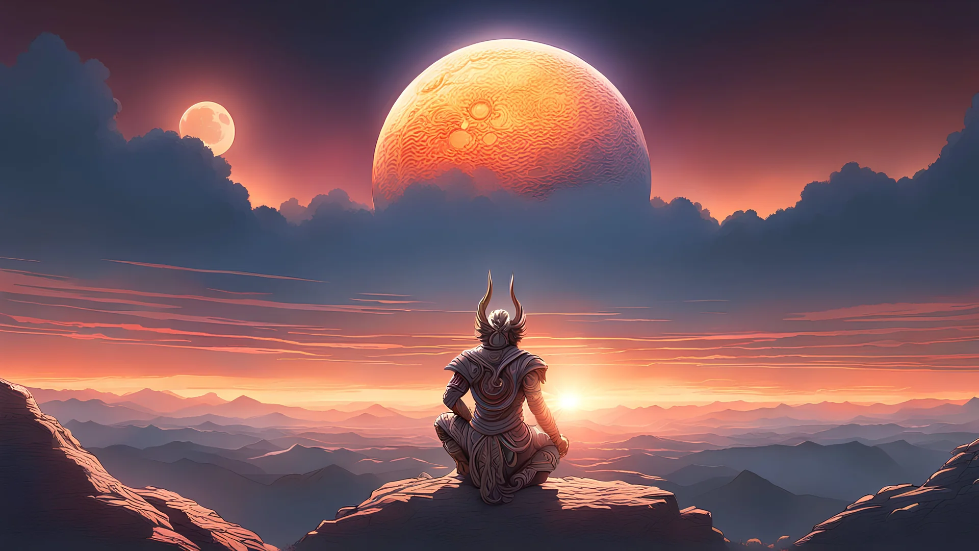 The Sun and the Moon setting at the same time. concept art, mid shot, intricately detailed, color depth, dramatic, 2/3 face angle, side light, colorful background.