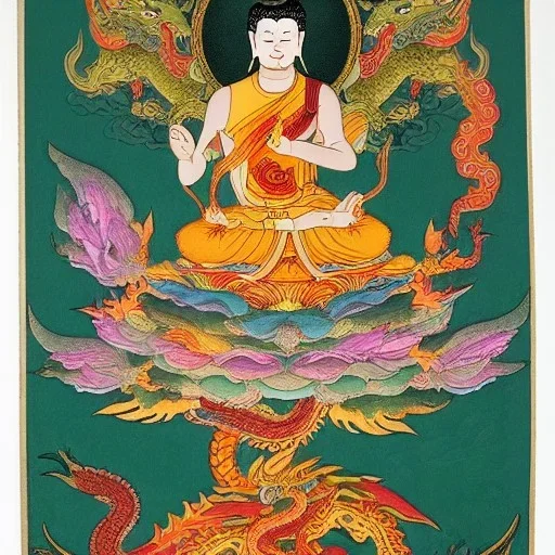 buddhist god of flowers and fruits riding on a dragon