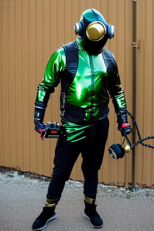 Metallic Cyber-punk style man with a web-camera-mask and old AKG-style headphones with golden rings. Large fencing mask covers man's cheeks. Man in good body shape. Reflective plastic body jacket full-coverage. Body and head full of integrated old-fashioned cameras and an old telephone. Black to army green latex surfaces body. Perfect body. Euclidean 3D-tiling, Escher tiling, background. Cables in head. Daft Punk 1996. Matrix black leather jacket with a Hood.