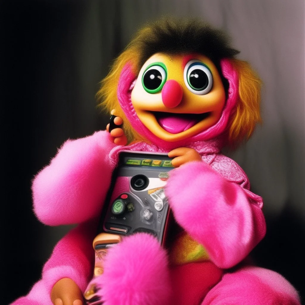 Powerranger as a baby muppet kawaii calling phone using a cellphone nokia, studio photo. Magazine 1980