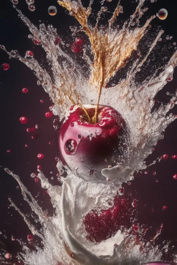 Explosion, splash, cherry is falling into the water, close up, water is splashing radially, centered, perfect composition, vogue style, Creative food photography, softbox, trending on art station, sharp focus, studio photo, intricate details, highly detailed, by Greg Rutkowski, fashion magazine cover