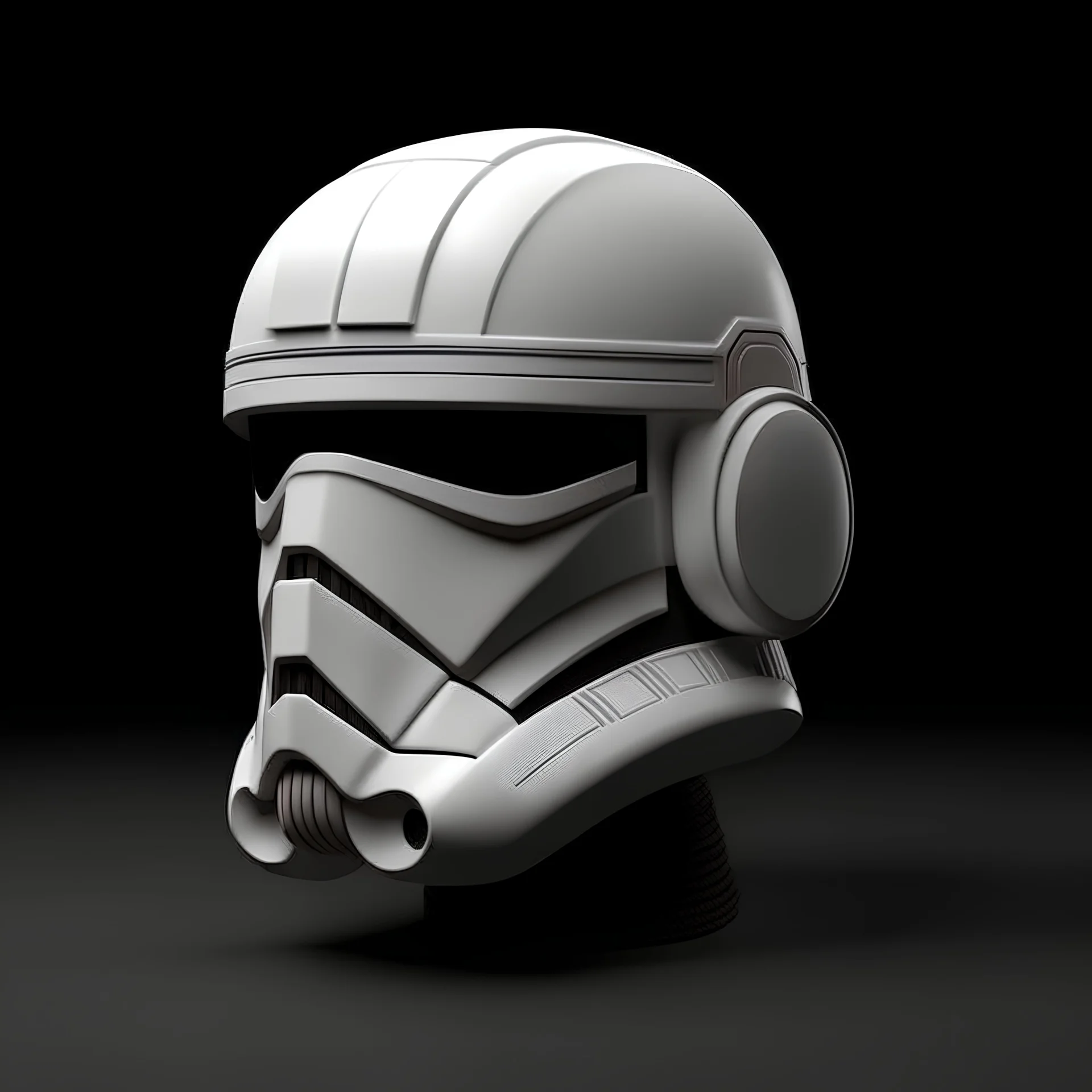 Create a 1024x1024 square image featuring a 2D front view of a helmet inspired by the iconic space trooper from the Star Wars series. The helmet should be rendered in a minimalist and geometric style, highlighting its sleek design with a monochrome color palette. The helmet should be centrally placed, taking up most of the frame, with a focus on the symmetrical design of the eye slits, mouth grill, and the clean, curved lines that define its form. The background should be a flat white color to e