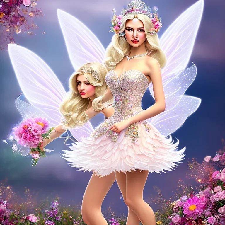 fantasy fairy with transparent wings, smiling, make up, long platinum blond hair with crown and flowers, pink dress