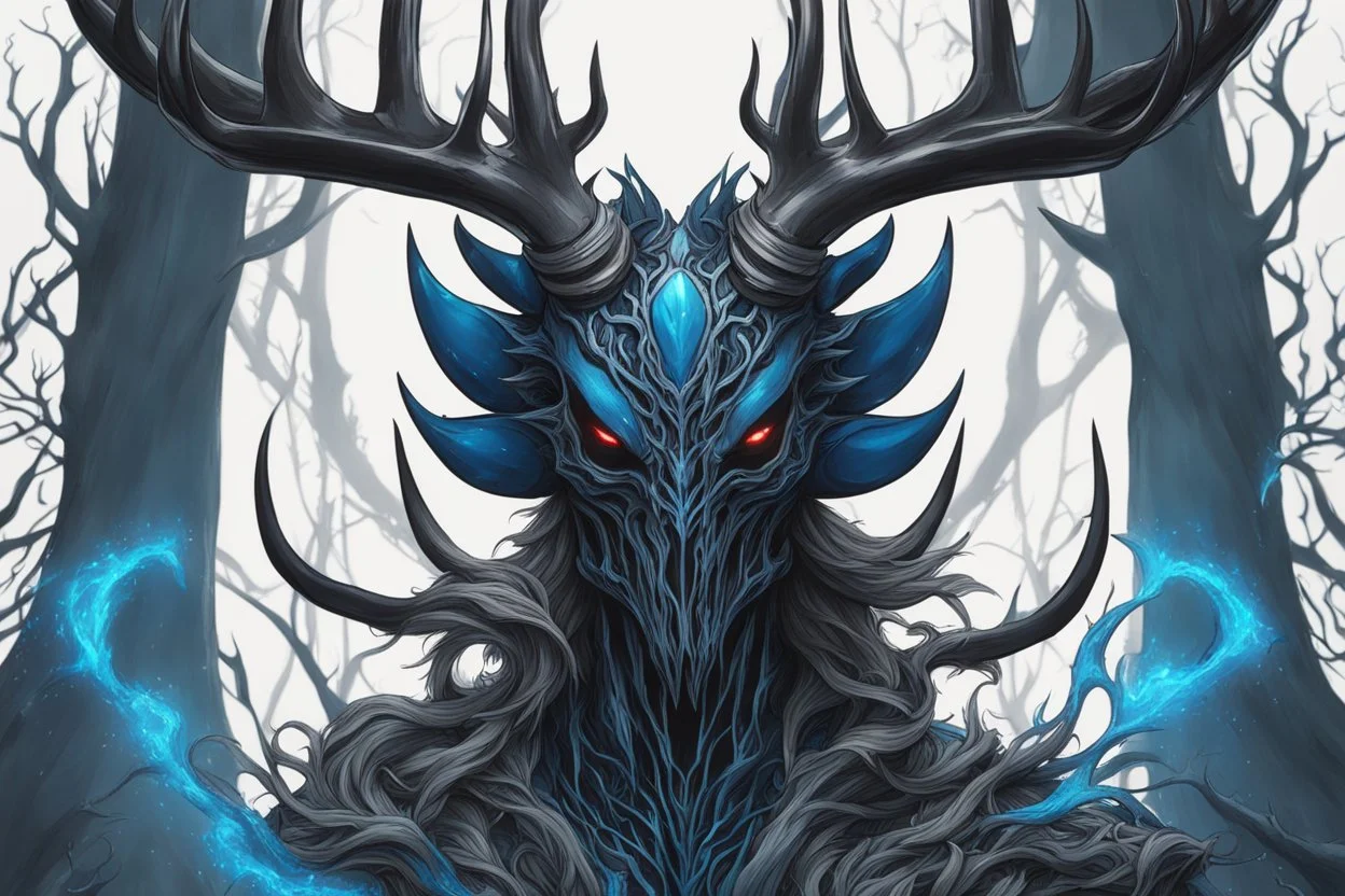 Venom Shadow symbiote in 8k realistic anime drawing style, Deer skull, non-eyes, blue neon crystal Antlers, dark fantasy snow forest, intricate details, highly detailed, high details, detailed portrait, masterpiece,ultra detailed, ultra quality