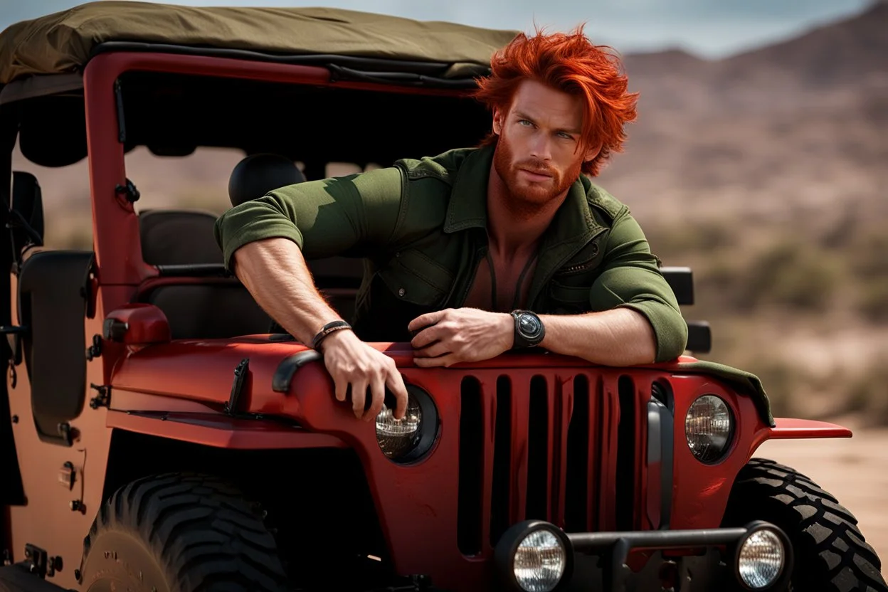 young rough and rugged muscular male photorealistic red hair and green eyes smirking expression sitting in a jeep