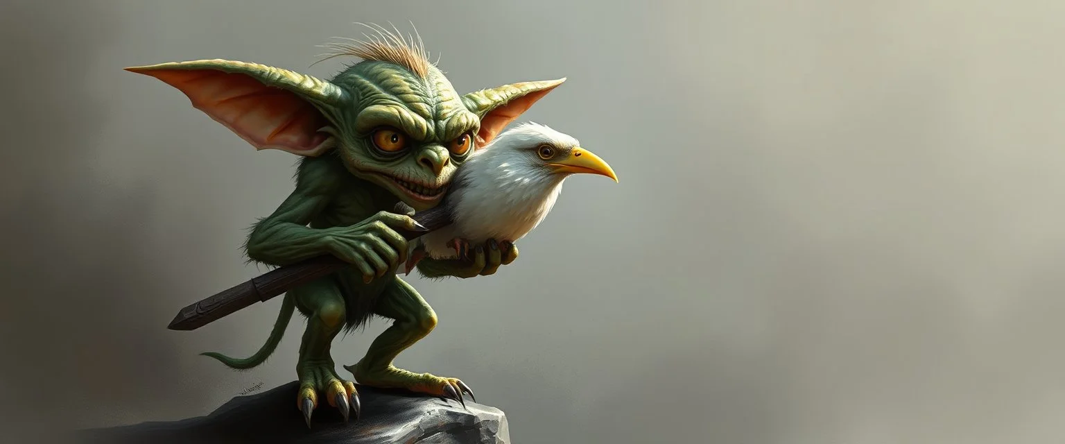 air brush 3d with pen outline, mongrel goblin gremlin holding big big bird with blurred shadow outline, charcoal fog border