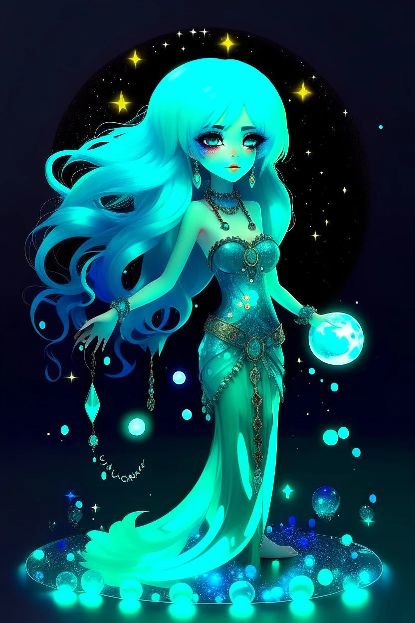 A beautiful girl with glowing starry eyes. And with turquoise hair decorated. And full body. Holds 10 glowing glass beads with a moon inside