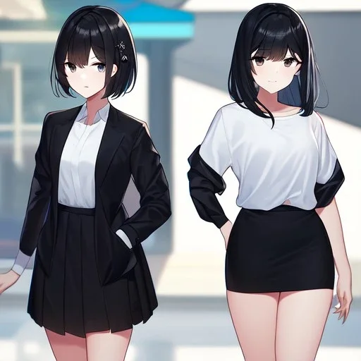 Clear focus, High resolution, short black hair, white and black hair, 2 hair colors, black eyes, wearing a black jacket and a white shirt, wearing a black skirt