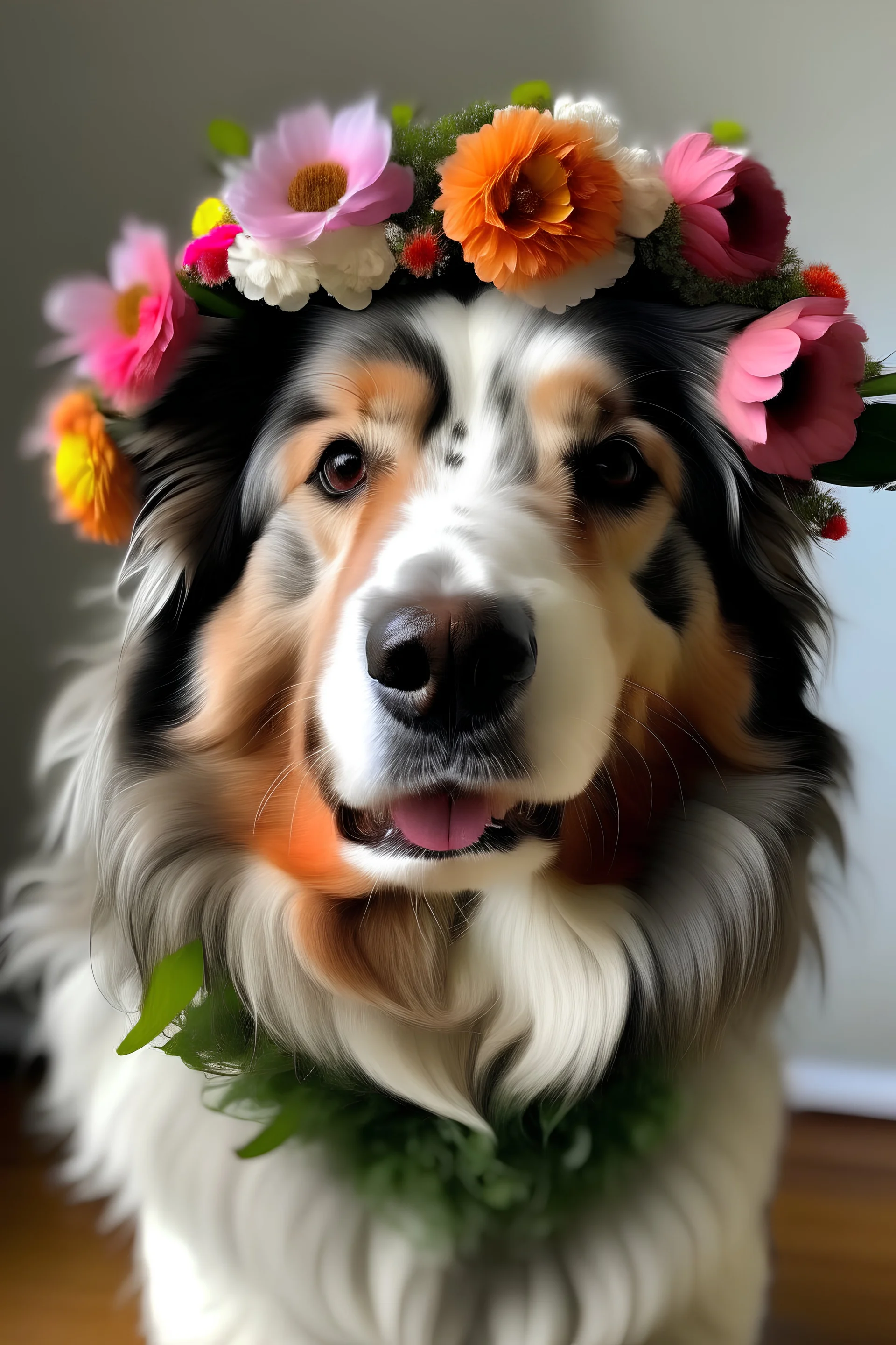 Perro con flores en la cabeza