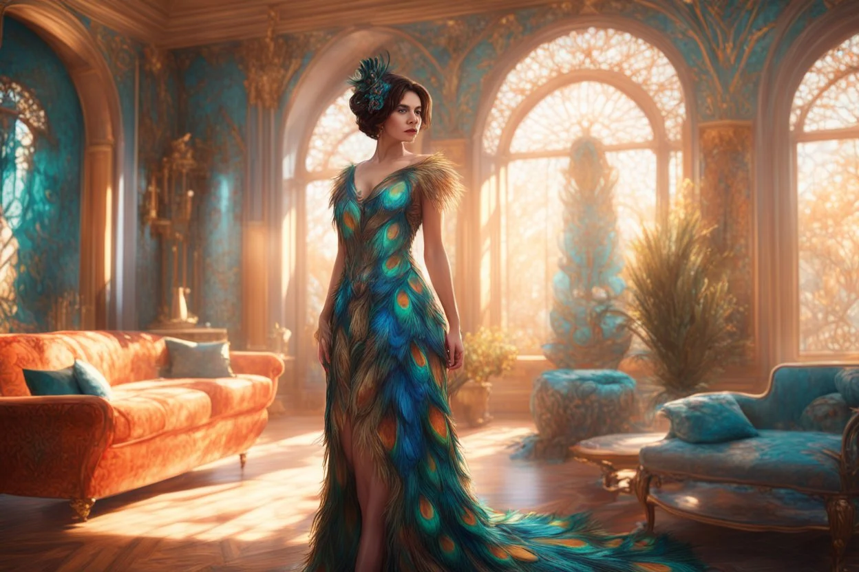 brunette woman standing in an elegant living room in a beautiful peacock feather dress in sunshine Weight:1 8k resolution concept art by Greg Rutkowski dynamic lighting hyperdetailed intricately detailed Splash art trending on Artstation triadic colors Unreal Engine 5 volumetric lighting Alphonse Mucha WLOP Jordan Grimmer orange and teal Weight:0.9