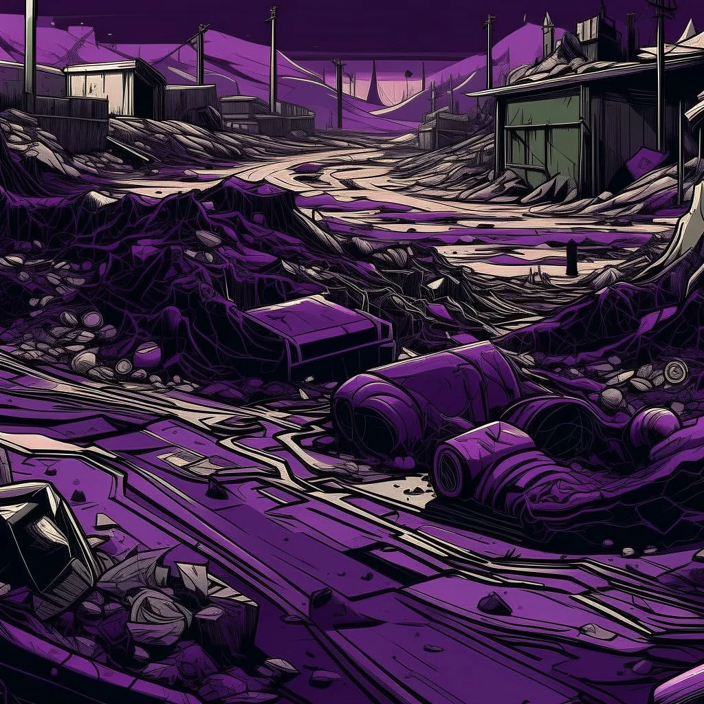 A dark purple landfill covered in poisonous muck in Constructivism art style