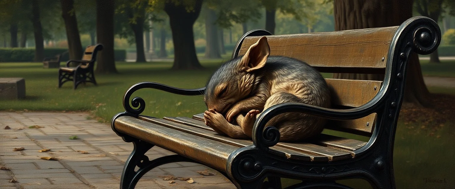 master oil painting by Rembrandt, kobold sleeping on a bench in the park