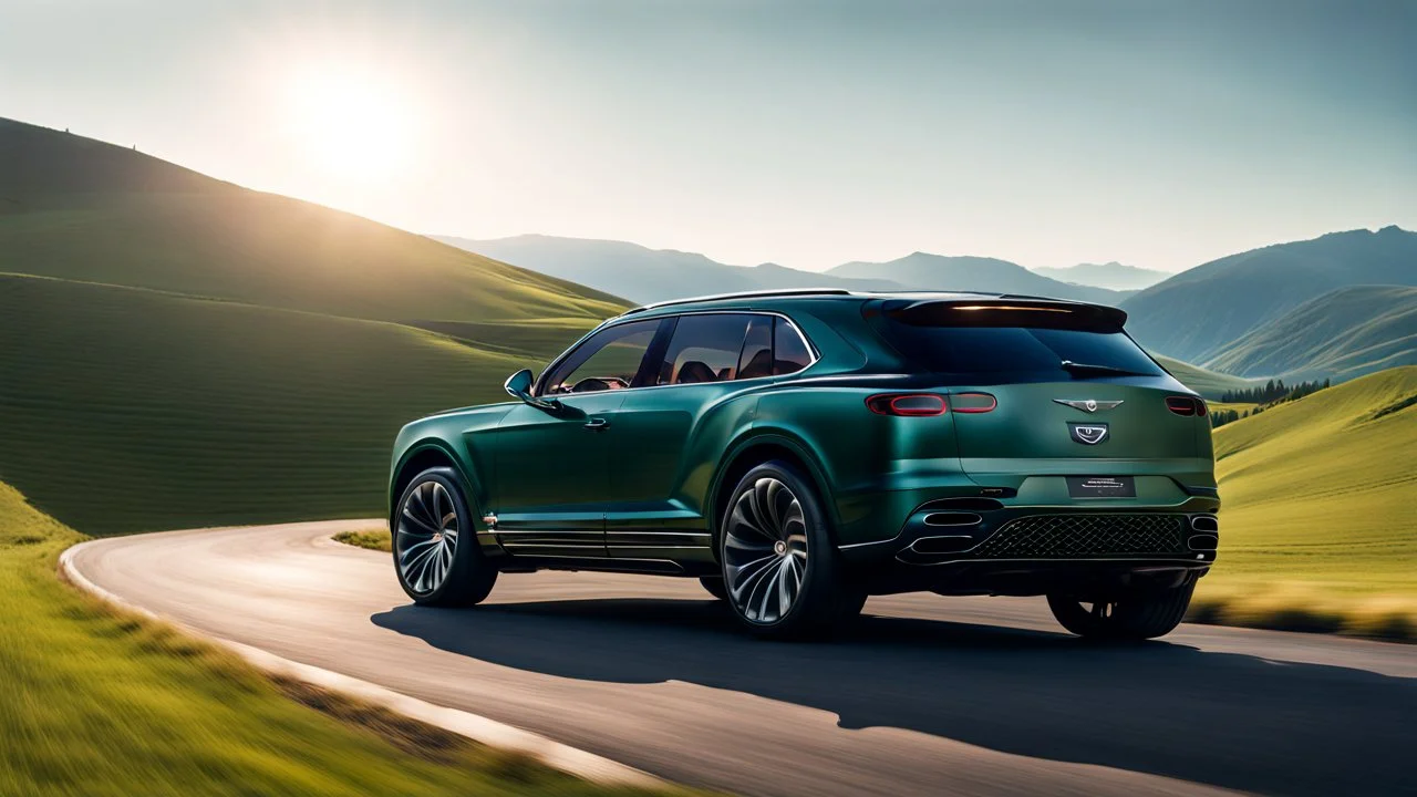 black Cross between black matte bentley bentayga EXP Concept, on a road of green hills in morning, clear blue sky, shining sun rear view
