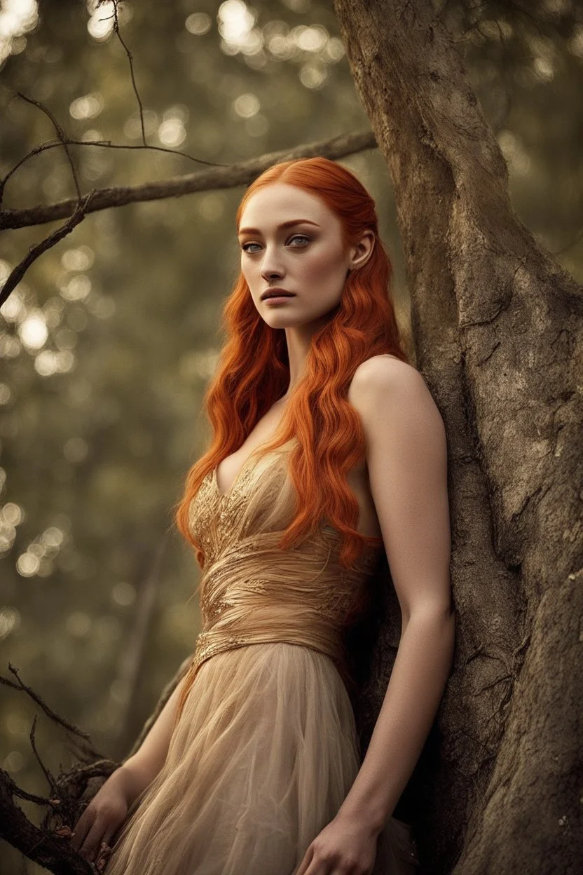 [Sophie Turner] As the twin suns sank below the horizon, Sophie allowed her ragged body some respite. Perched high in the tree, she watched flickering firelight dance across the encroaching shadows of night. Its golden glow played gently across her features, casting dancing forms upon the damp bark. Her haggard complexion was etched with tracks of exhaustion and defiance in equal measure. Yet in the fire's realm, for now she seemed at peace. Wrapped snugly in the nexu's black pelt, its fur exude