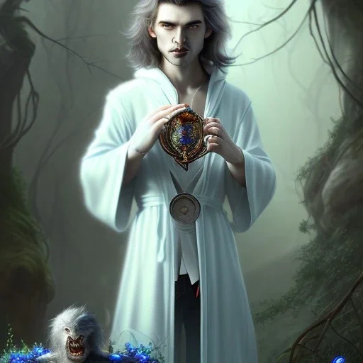 cute little vampire poet wearing soft robes and blue gloves holding hairy scroll,dark stone statue, lively eyes,hidden hands, framed by foliage, shiny eyes,