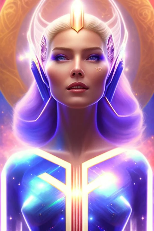 cosmic woman smile, admiral from the future, one fine whole face, crystalline skin, expressive blue eyes,rainbow, smiling lips, very nice smile, costume pleiadian, Beautiful tall woman pleiadian Galactic commander, ship, perfect datailed golden galactic suit, high rank, long hair, hand whit five perfect detailed finger, amazing big blue eyes, smilling mouth, high drfinition lips, cosmic happiness, bright colors, blue, pink, gold, jewels, realist, high commander