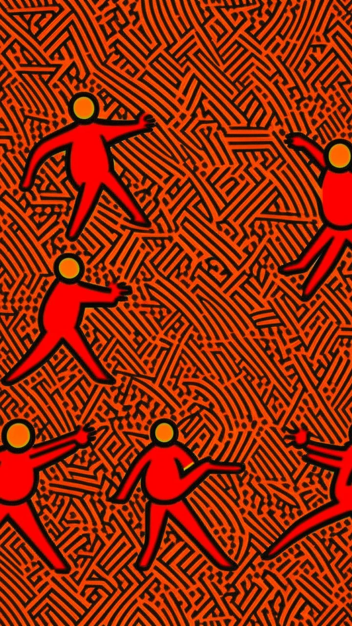 A dark orange virtual realm with polygons painted by Keith Haring