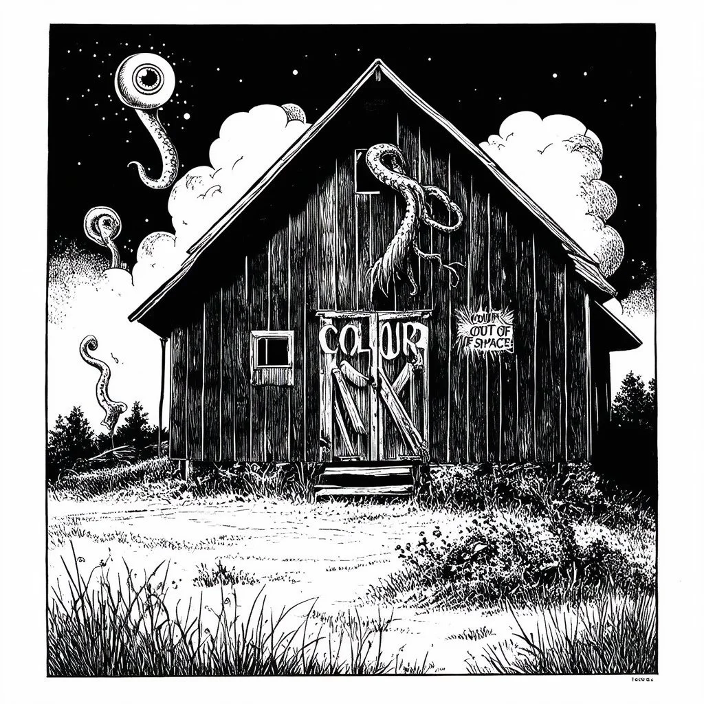 gnarly cosmic horror illustration from golden age of Weird Tales by Bill Elder, faded colors, dark negative space, TEXT "COLOUR OUT OF SPACE" in vintage block font, surreal, nihilistic, segmented separated lovecraftian glowing eye tentacle corruption on small barn, meandering offset coherence across multiple diagonal offset separated panels, minimalism, foreboding photo negative prismatic spray, Eldritch atmosphere
