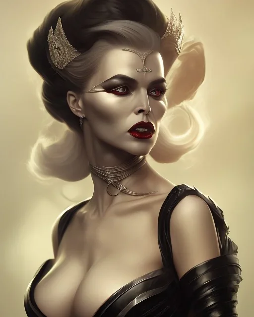 old evil queen in black leather gown, femme fatale, volouptous, busty, cleavage, angry, emperious, 8k resolution concept art portrait by Greg Rutkowski,