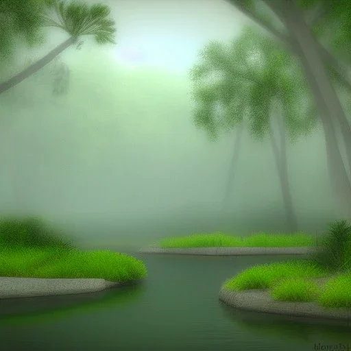 Photorealistic sleepy FLORIDIAN misty foggy ravine creek