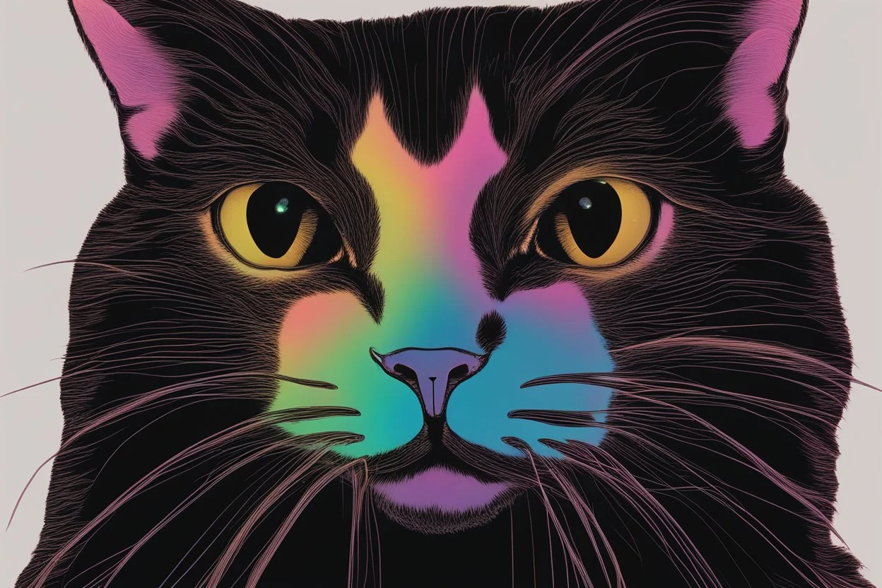 black background, outlines of a holographic question mark and contented cat drawn from thin neon-coloured glowing lines