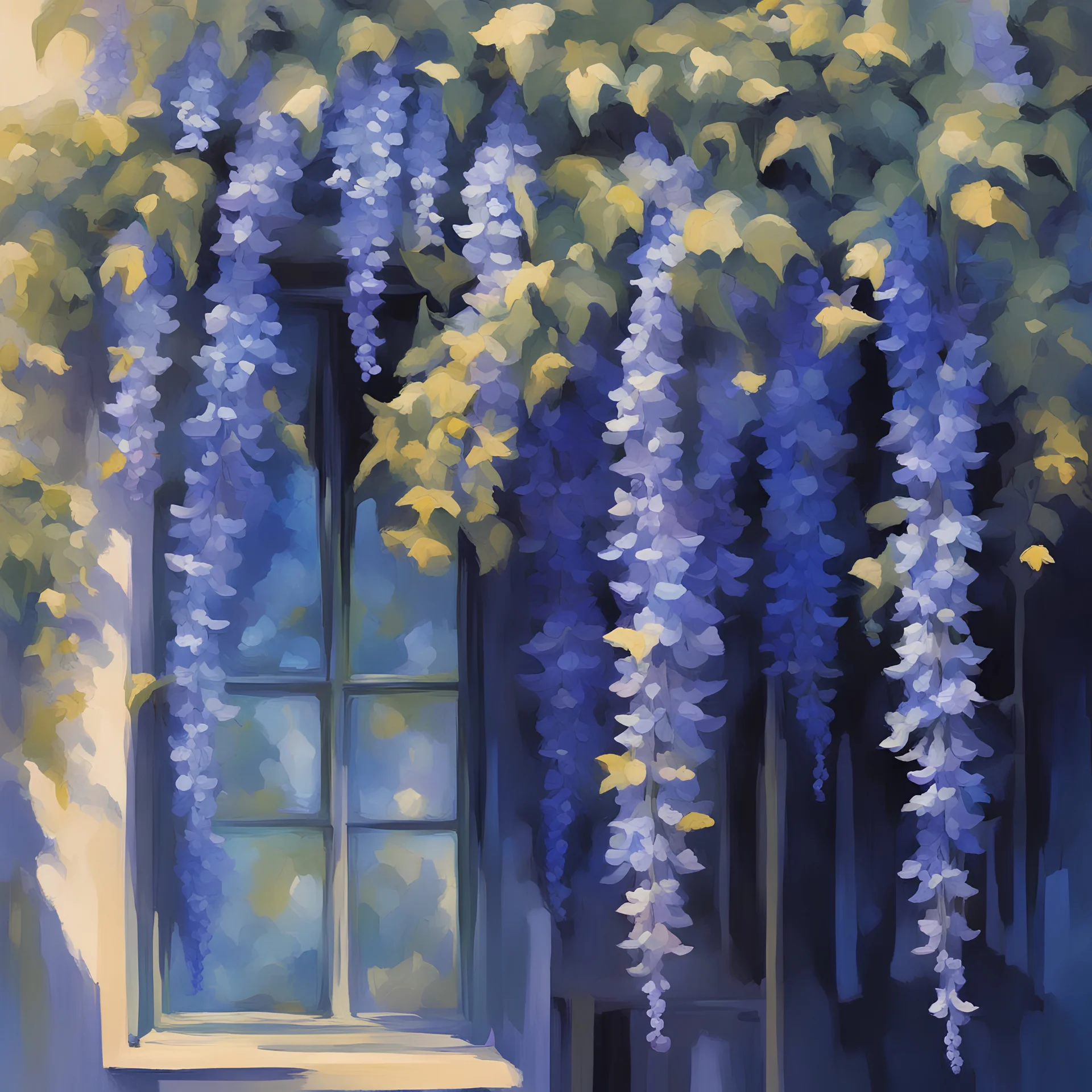 A windowbox full of blue wisteria growing tall strange with little glowing butterflies, in abstractionism art style