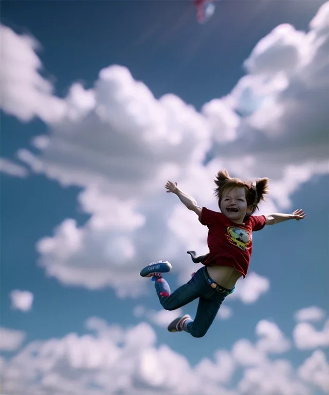 Ultra realistic clouds sky scene, wide angle, medium shot view, portrait, sweet Child, free jumping flying, trinkets, monster hair, jelly beans, balls, smile, happy, Peter Pan style, inflatable color clothing, extreme, wind, clouds sea, 20,000 feet altitude, stratosphere, soft color, highly detailed, unreal engine 5, ray tracing, RTX, lumen lighting, ultra detail, volumetric lighting, 3d, finely drawn, high definition, high resolution.