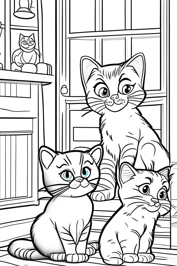 coloring page for kids, Cats in the house, cartoon style, thick lines, low detail, no shading