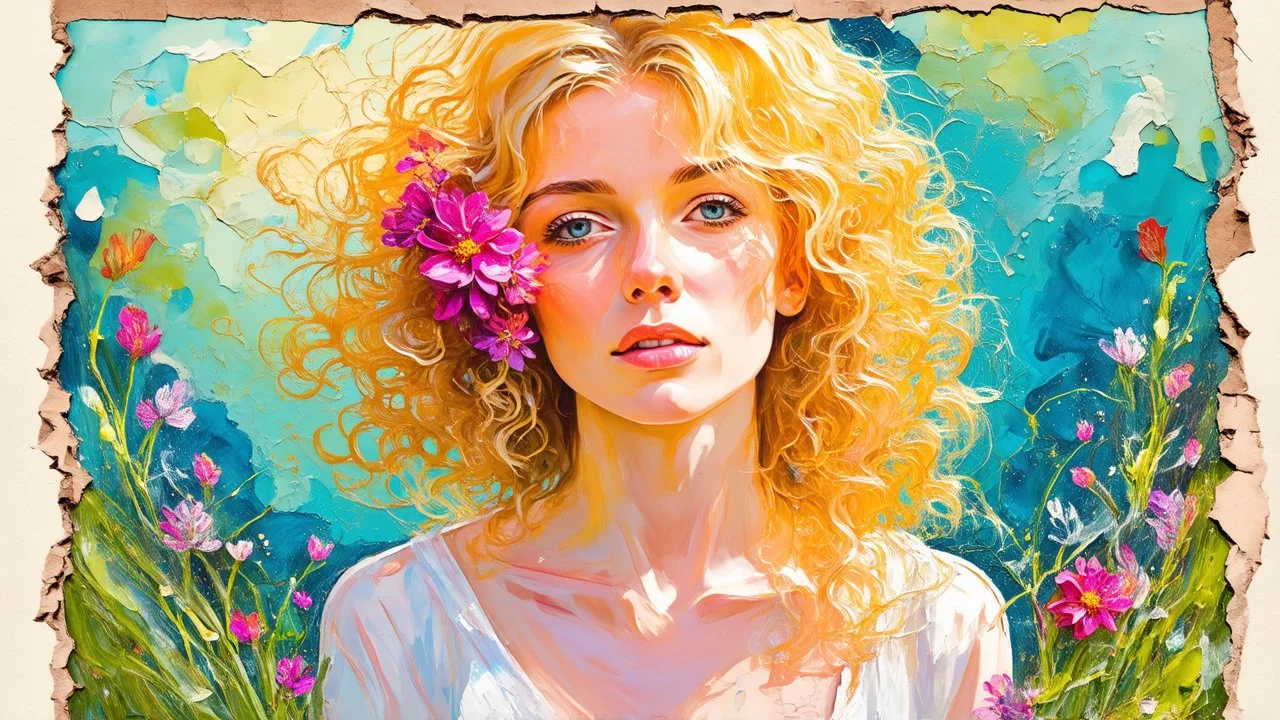 abstract art complementary colors fine details , old torn worn paper, high grain, portrait blonde , flowers in hair, acrylic, alcohol ink, fine drawing, A blonde woman in her 40s, with flowers woven into her loose, curly hair, sits in a whimsical, fairytale setting, surrounded by delicate swirling patterns reminiscent of the textures of old torn paper, in a vibrant, abstract style combining acrylic and alcohol ink techniques, with fine detailing that highlights complementary colors, in the expre