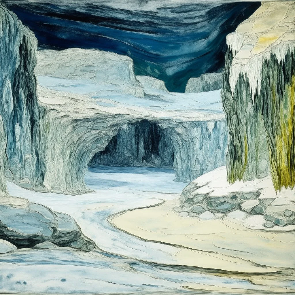 A white snowfield with a frosty cave painted by Vincent van Gogh