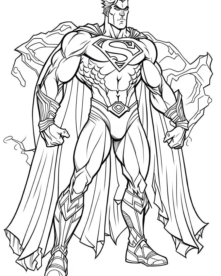 real massive supermanr, coloring page, no leaves, full body (((((white background))))), only use an outline., real style, line art, white color, clean line art, white background, Sketch style