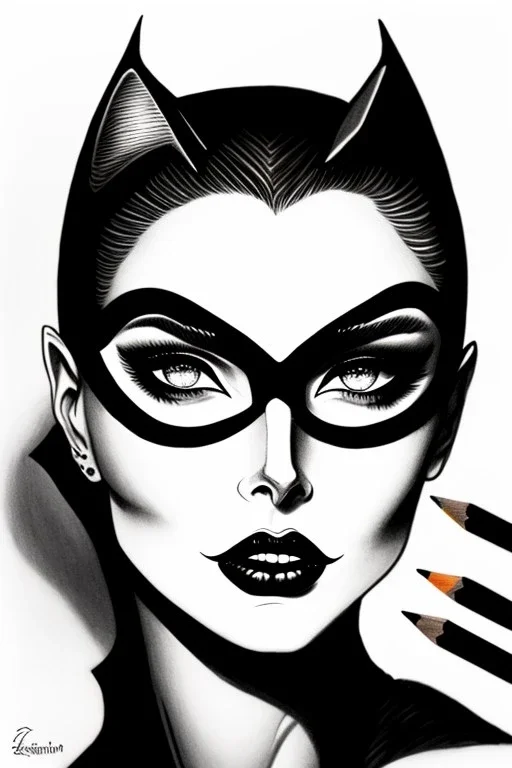 Cute friendly Catwoman, playing with cute cats, perfect eyes, perfect iris, ink and pencil, style Elisabeth Kreitz