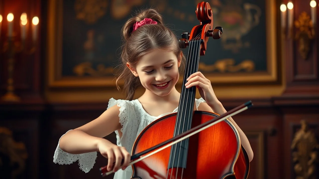 Young girl playing a cello, happy, inspired, virtuoso, award-winning colour photograph, sumptuous surroundings, beautiful lighting