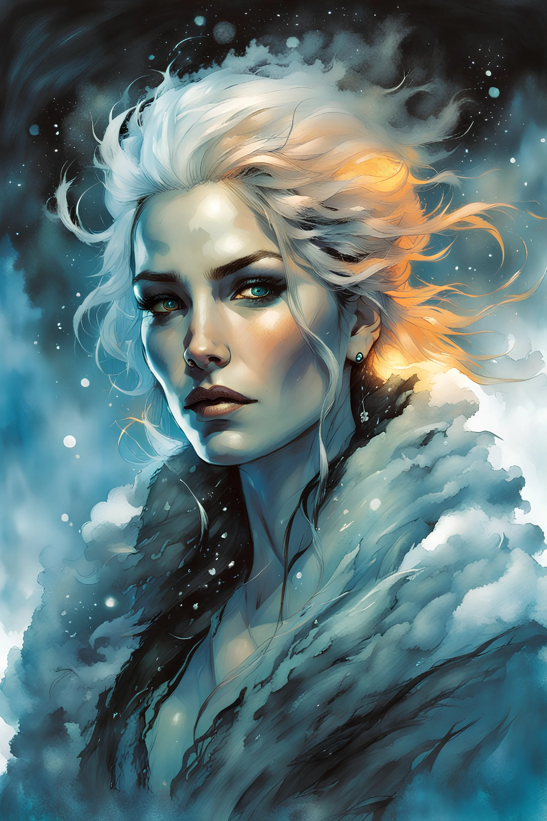 create a highly detailed high fantasy portrait illustration of a sensual sorceress clothed in hoarfrost, amidst a swirling blizzard on the eve of Samhain under the watch of a baleful moon in the graphic novel style of Bill Sienkiewicz, with highly detailed facial features and clothing, with an otherworldly and ethereal background by Van Gogh