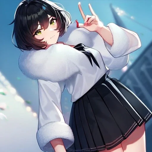 Clear focus, High resolution, fluffy black short hair, dark green eyes, wearing a black sailor uniform and pleated black skirt, fluffy hair, detailed outfit, wearing red makeup