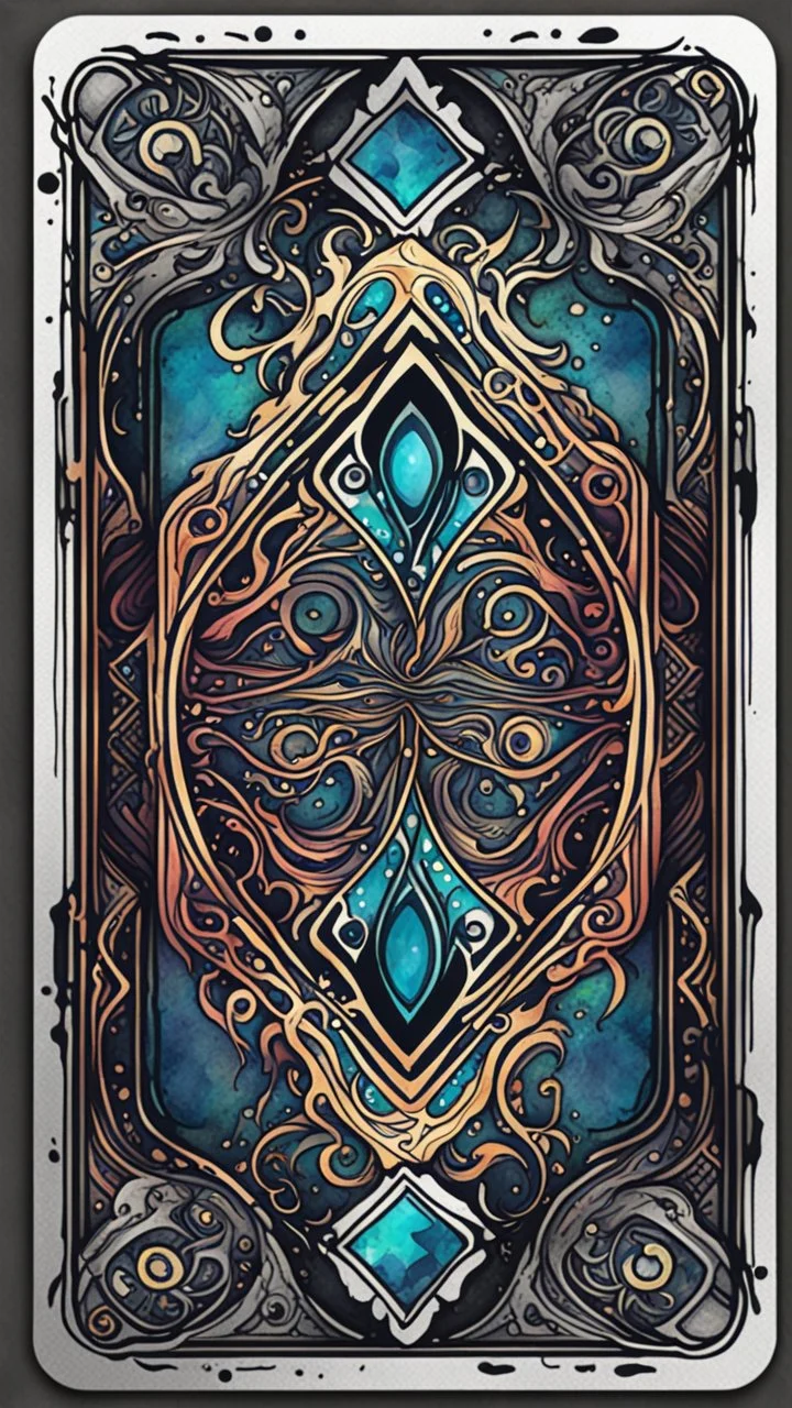 create a full color, ink wash and watercolor, ornate, abstract expressionist style bordered symmetric playing card template