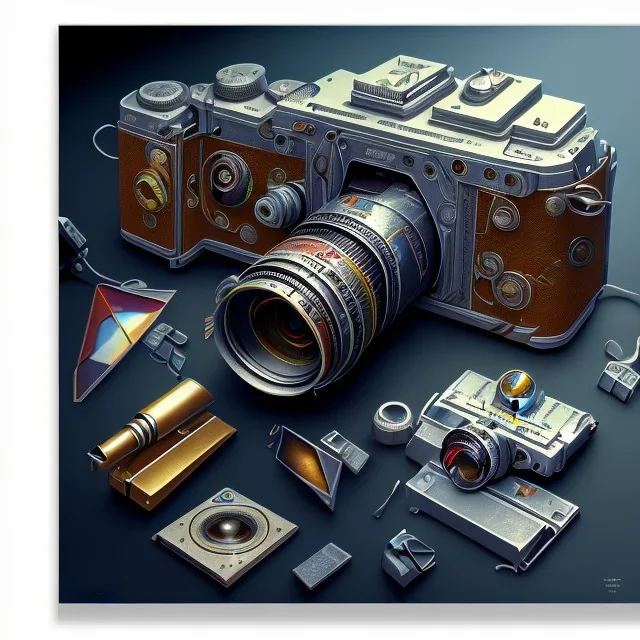 components of the camera laid out flat. poster design. high detailed. oil on canvas.