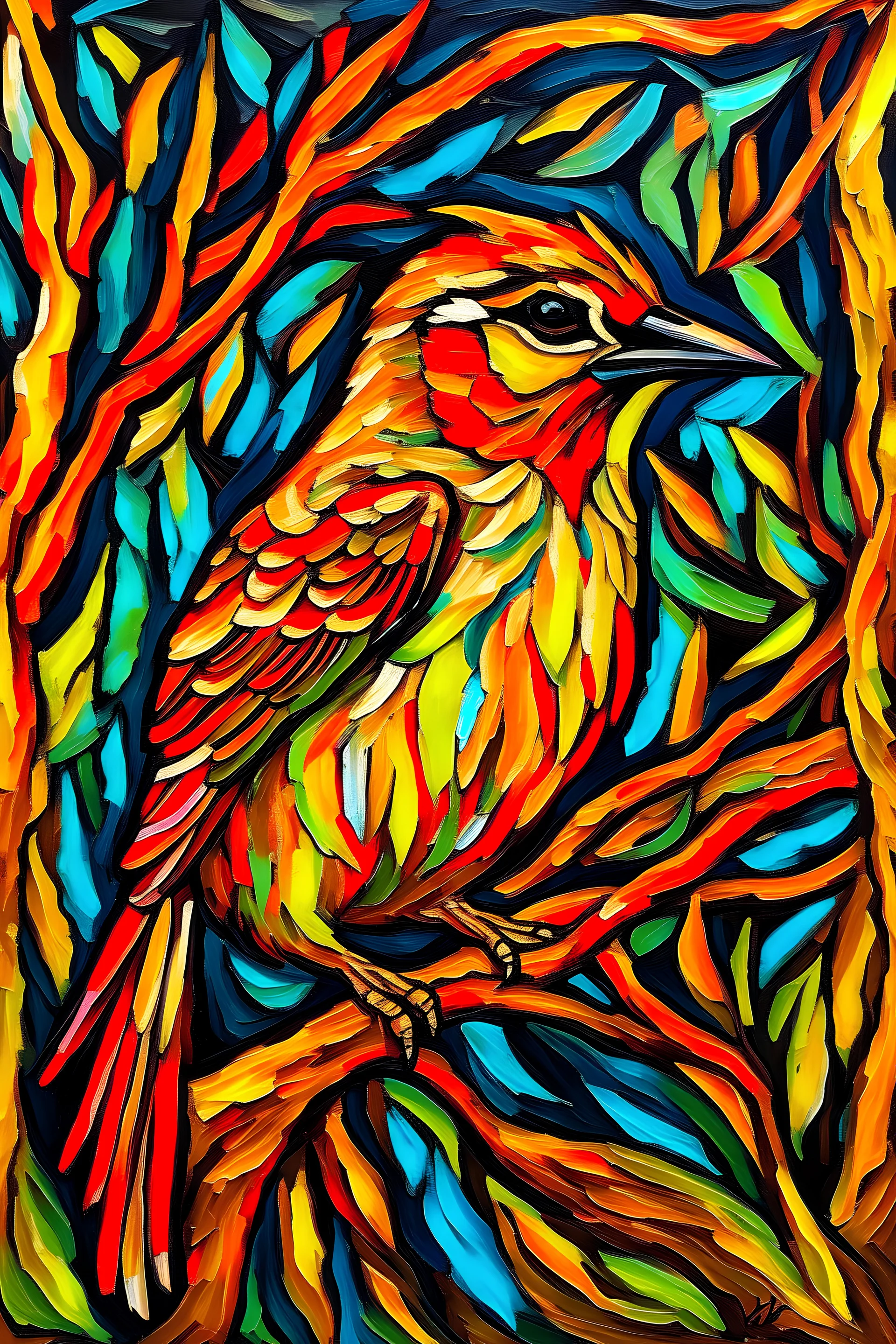 a fire sparrow painting in the style of Van goah