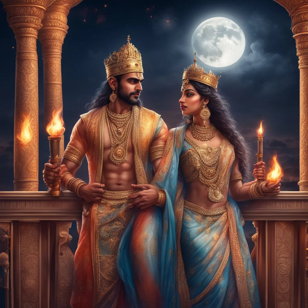 Hyper Realistic beautiful handsome Indian king & Queen in love on the balcony of an Indian palace at moon night with flame torches