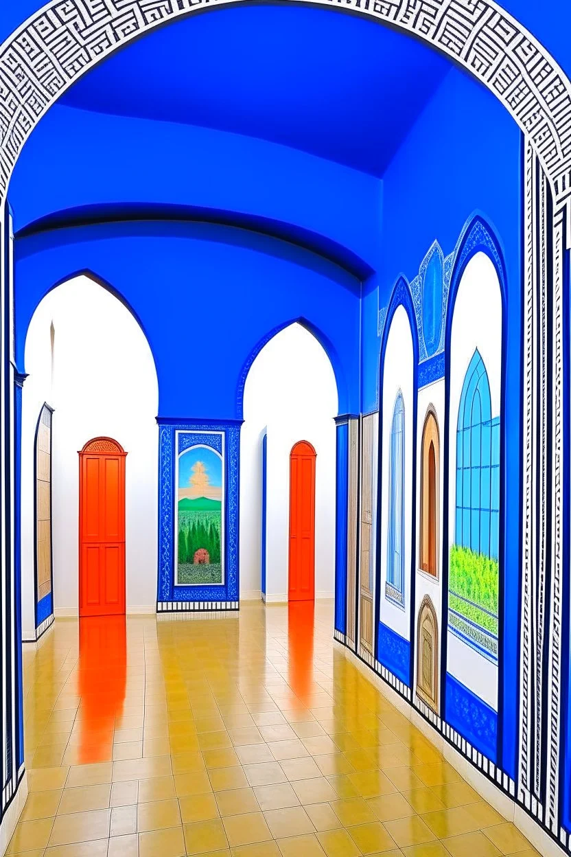 Museum of blue wall paintings, the shape of oval walls and a white floor, and there are walls in the middle in the shape of an oval, and there are oases on it on both sides