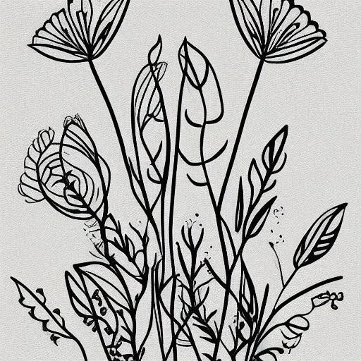 tiny digital illustration of single long stem pressed flower, fine linework, delicate arrangement, beautiful composition, etsy, aesthetic layout, plain solid white background