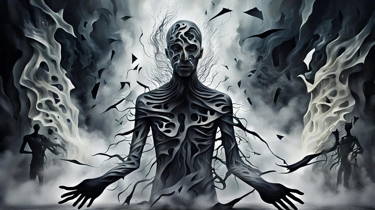 Abstract surreal scene of a human soul in conflict a caracter dissolving into shadows and fog, body torn into shards of light and darkness. Shapes twist and melt like oil paint, forming ghostly hands and distorted faces emerging from the fog. The background is a blur of noise, chaotic patterns and faceless crowds, symbolizing the indifferent outside world. A haunting, dreamlike composition that captures isolation, inner demons, struggle of anxiety. surreal, atmospheric