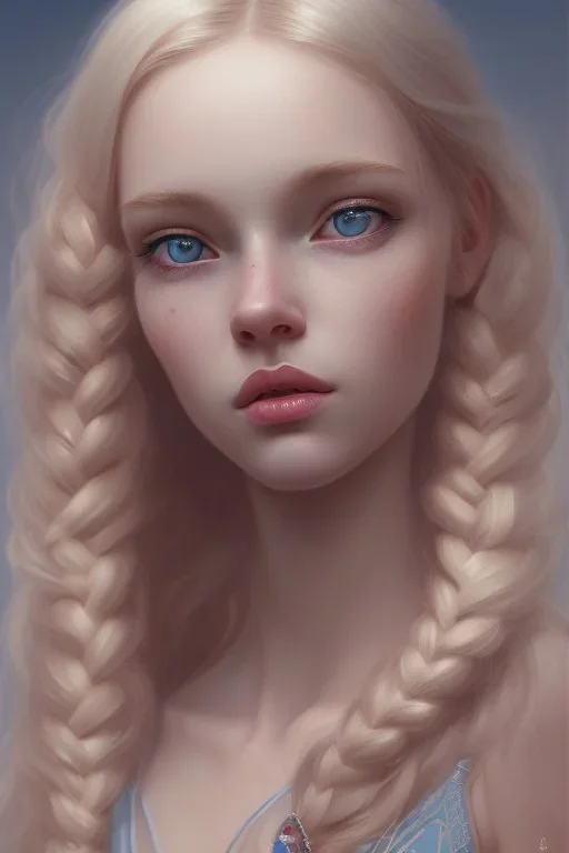 20 year old girl, cute, beautiful, blonde hair, one loose braid on left side, blue eyes, big eyes, pale skin, blue dress, ice dress, long eyelashes, pink lipstick, thin lips, small nose, 8k resolution concept art portrait by Greg Rutkowski